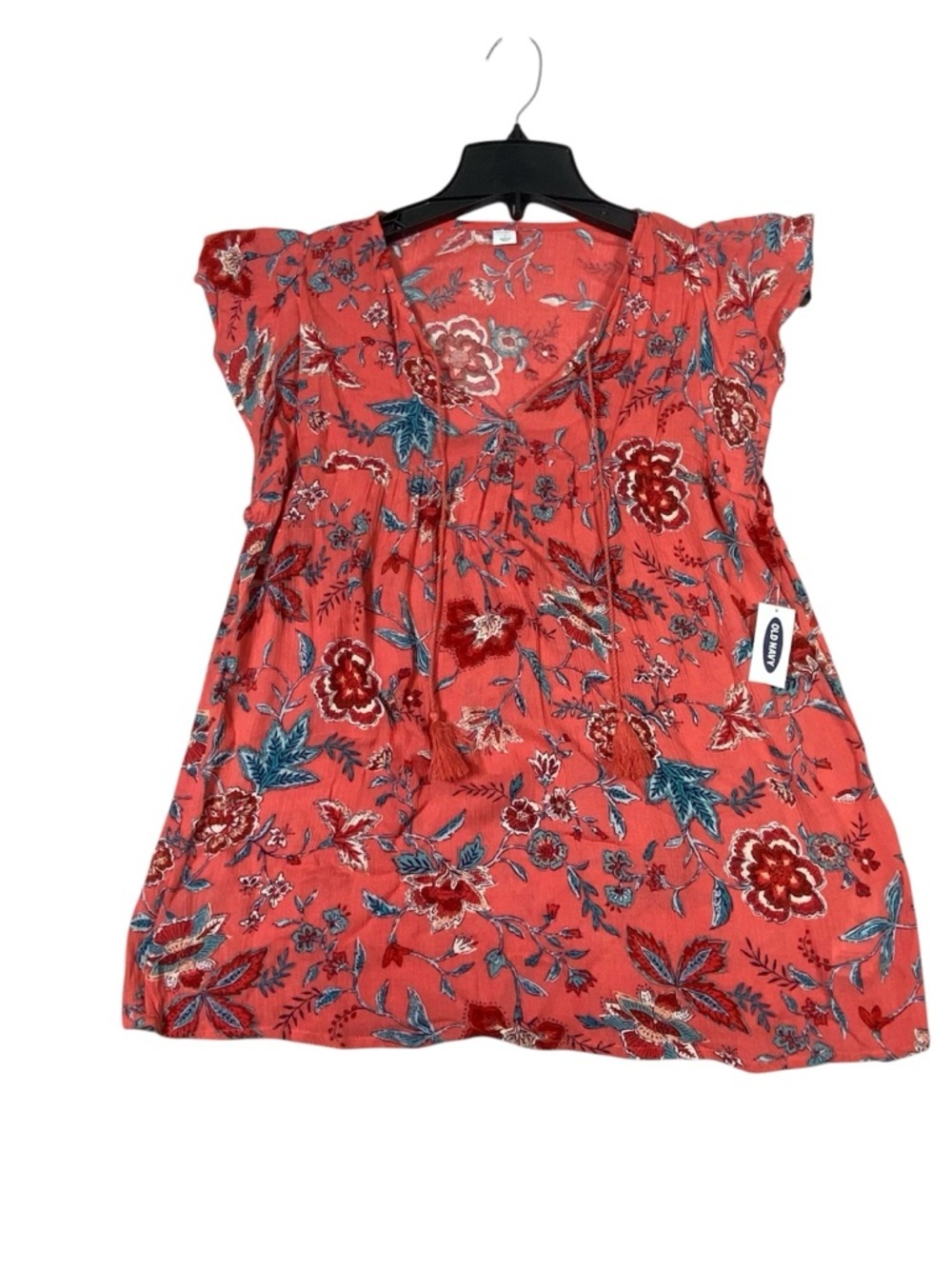 Old Navy Floral Boho Blouse Women's S Red Short Flutter Sleeve Tassel Hippie NWT